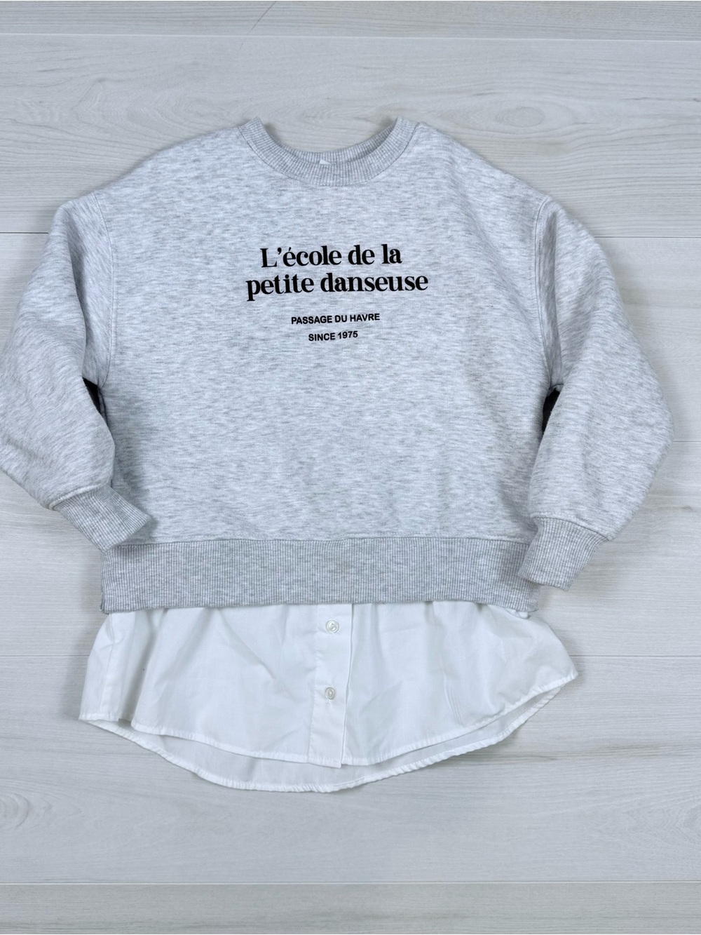 Zara Light Gray Graphic Crewneck Sweatshirt with attached white button up look
